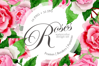 Pink roses PNG watercolor design set