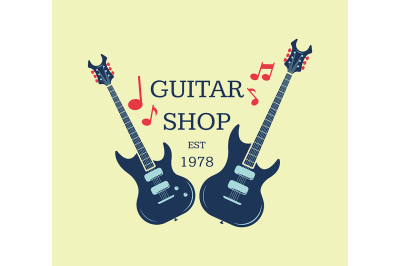 Vector guitar shop logo, emblem with musical notes