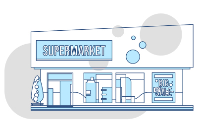 Supermarket showcase and ads illustration, thin line style