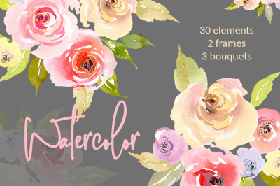 Watercolor Roses Flowers Bouquets Frames PNG