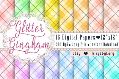 16 Glitter Gingham Pattern Digital Papers 12 x 12 inch