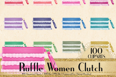 100 Ruffle Women Hand Clutch Clip Arts, Fashion Clip Arts
