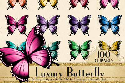 100 Vivid Color Luxury Butterfly Clip Arts, Romantic Clipart