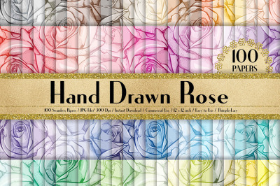 100 Seamless Drawn Rose Flower Digital Papers 12 x 12 inch