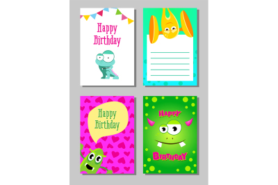 Colorful funny cards set with cute monsters