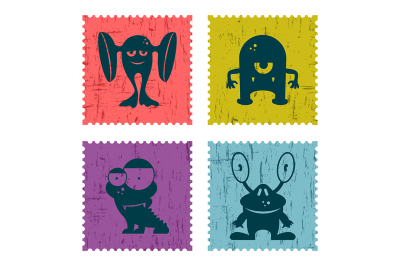 Set of retro postage stamp with funny monsters