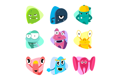 Cute cartoon avatars and icons. Monster faces vector set