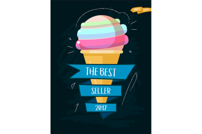 Ice cream cone cartoon icon with inscription. Best seller 2017