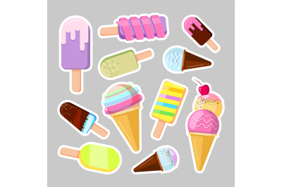 Ice cream stickers. Cute cartoon vector illustration