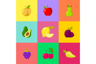 Fruit cartoon icons set. Apple plum lemon cherry pear avocado