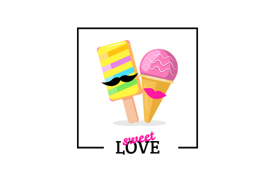 Ice cream couple with lips mustaches. Love card vector illustration