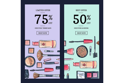 Vector sale banners for beauty shop with hand drawn makeup products