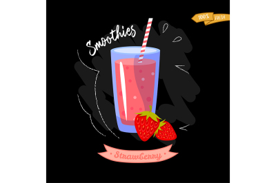 Glass of smoothies on black background. Strawberry