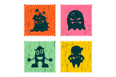 Set of retro postage stamp funny monsters. Cartoon illustration