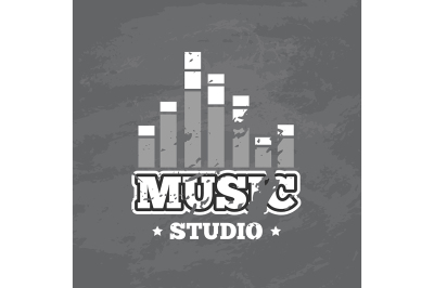 Black and white shabby retro sound record studio vector logo, badge 