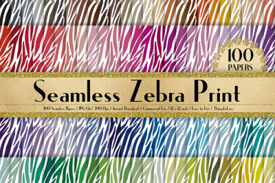 100 Seamless Zebra Print Digital Papers, Animal Skin Papers