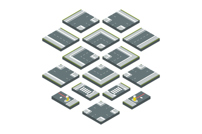 Isometric city elements road, grass and crossroads