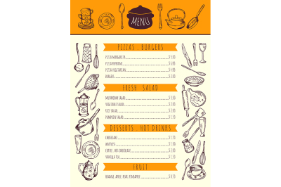 Restaurant food menu for lunch. Hand drawn pictures of kitchen tools