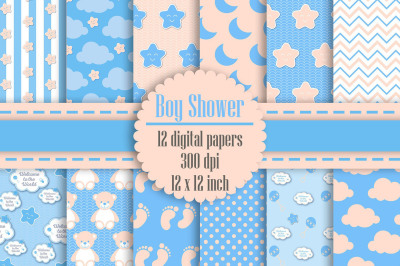 12 Baby Blue and Cream Baby Boy Shower Digital Papers