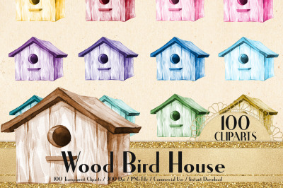 100 Watercolor Wooden Bird House Clip Arts, Rustic Scrapbook