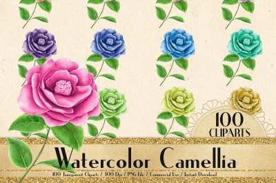 100 Watercolor Camellia Flower Clip Arts, Romantic Scrapbook