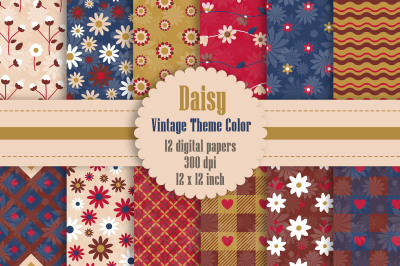12 Daisy Flower Digital Papers in Vintage Theme Color