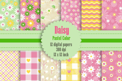 12 Daisy Flower Digital Papers in Pastel Theme Color