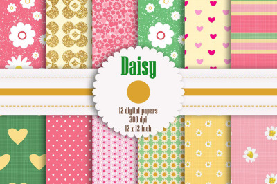12 Daisy Flower Digital Papers, Heart, Polka Dot Pattern
