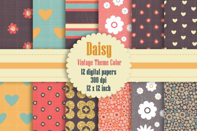 12 Daisy Flower Digital Paper in Retro Antique Theme Color