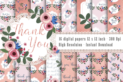 16 Thank You Pattern In Pink and Rosegold Digital Papers