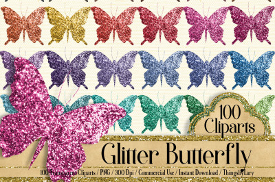 100 Luxury Glitter Butterfly Clip Arts, Glitter Graphic Kit