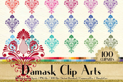 100 Damask Clip Arts, Antique, Wedding, Ornament, Floral