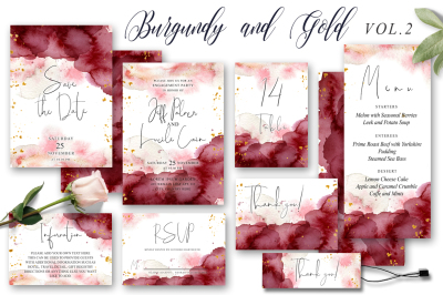 Burgundy &amp; Gold Watercolor Wedding Invitation suite Vol.2