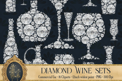 16 Diamond Wine Glass and Bottle Clip arts, Diamond Party