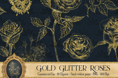 Gold Glitter Rose 81 Clip Arts Set, Fairy Glitter Flowers