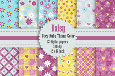12 Daisy Flower Digital Paper in Deep Ruby Theme Color