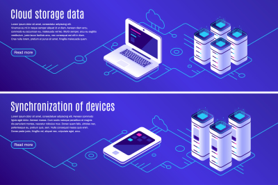 Isometric database. Computer&2C; laptop and smartphone connected to cloud