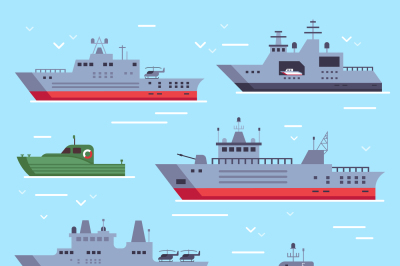 Flat military boats. Navy battle ships, sea combat security boat and b