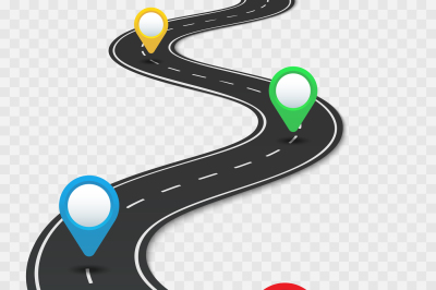 Highway roadmap with pins. Car road direction, gps route pin road trip