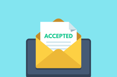 Accepted email in envelope. College acceptance success or university a