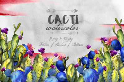 Cacti watercolor PNG set