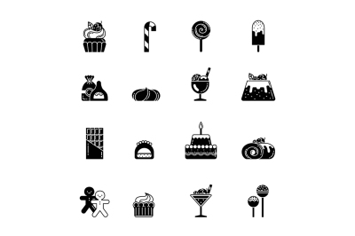 Monochrome black icons of sweet, biscuits and other bakery foods