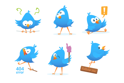 Funny characters of blue birds in action poses