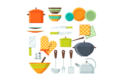 Bowl, fork and other kitchen tools in cartoon style