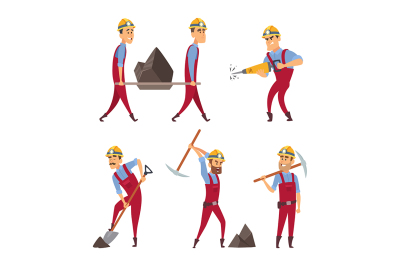 Set of working people. Miners in different action poses