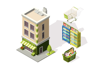 Isometric tools for supermarket. 3d illustrations of shopping basket