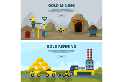 Vector banners set with illustrations of mining industry