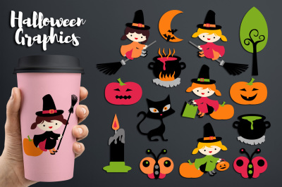 Halloween witch graphics (girls, pumpkin, broom, soup pots)