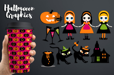 Halloween sisters clipart graphics (girls, black cats, haunted house)