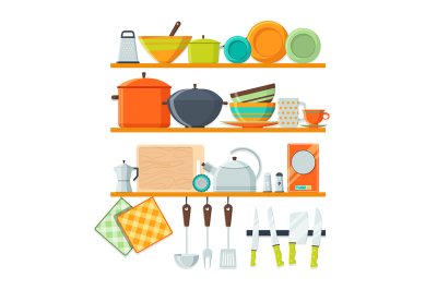 Kitchen tools and restaurant equipment on shelves
